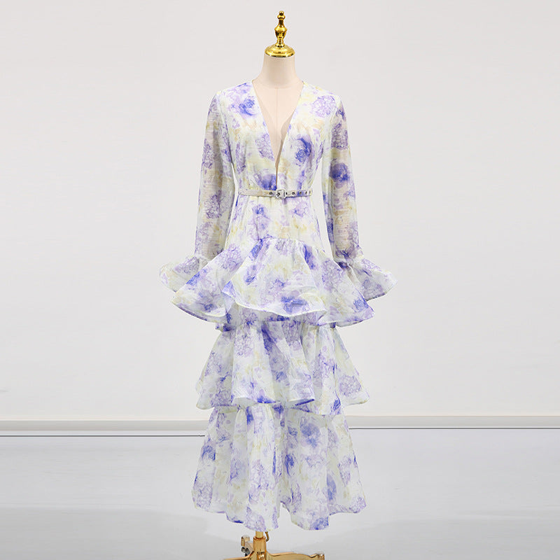 Floral Lace Trim Cake Dress – Summer Deep V-Neck Bell Sleeve Maxi Dress