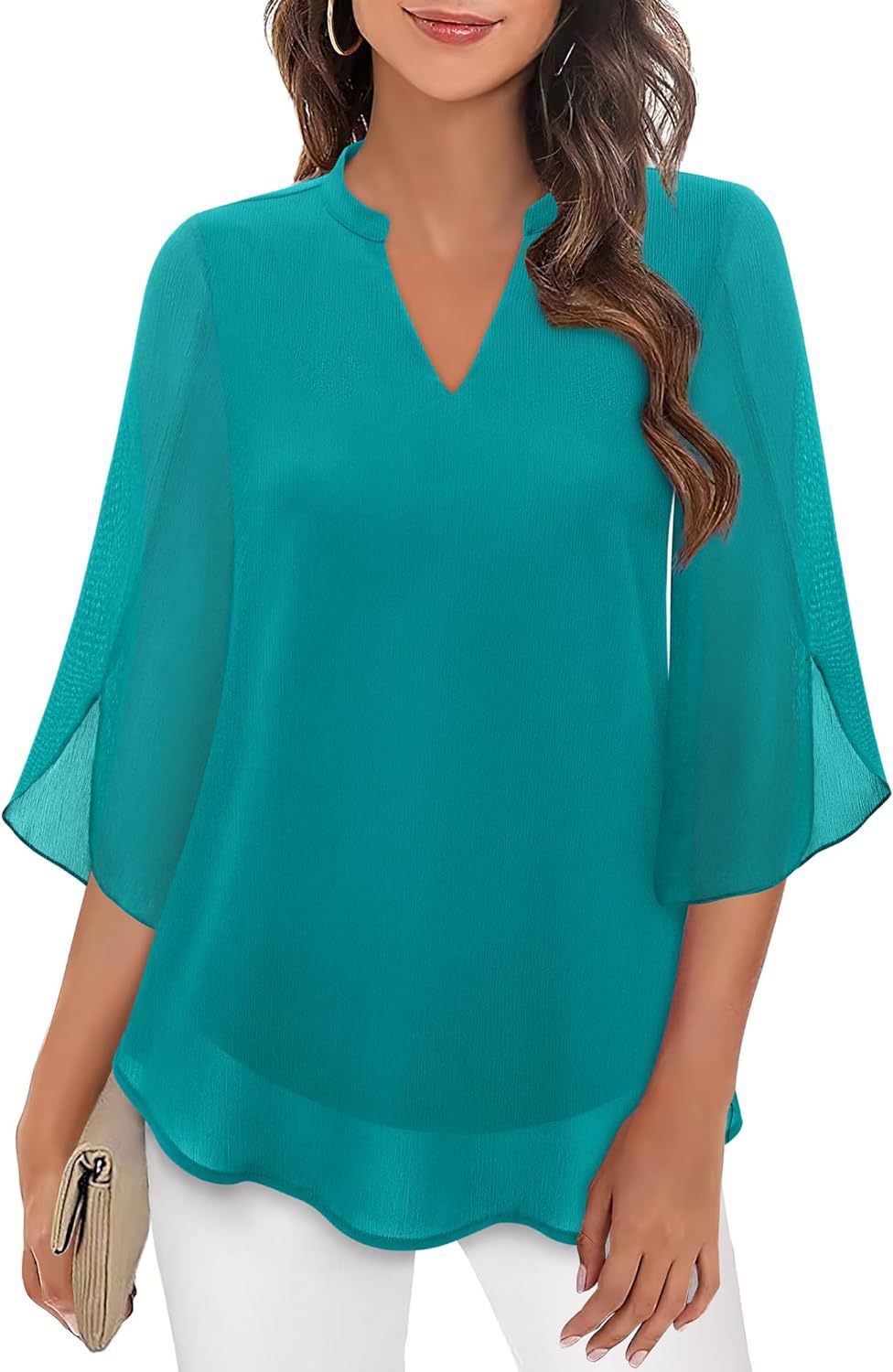 Women's Flowy V-Neck Chiffon Blouse with Petal Sleeves
