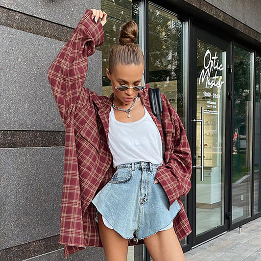 Vintage Red Plaid Long Sleeves Shirts