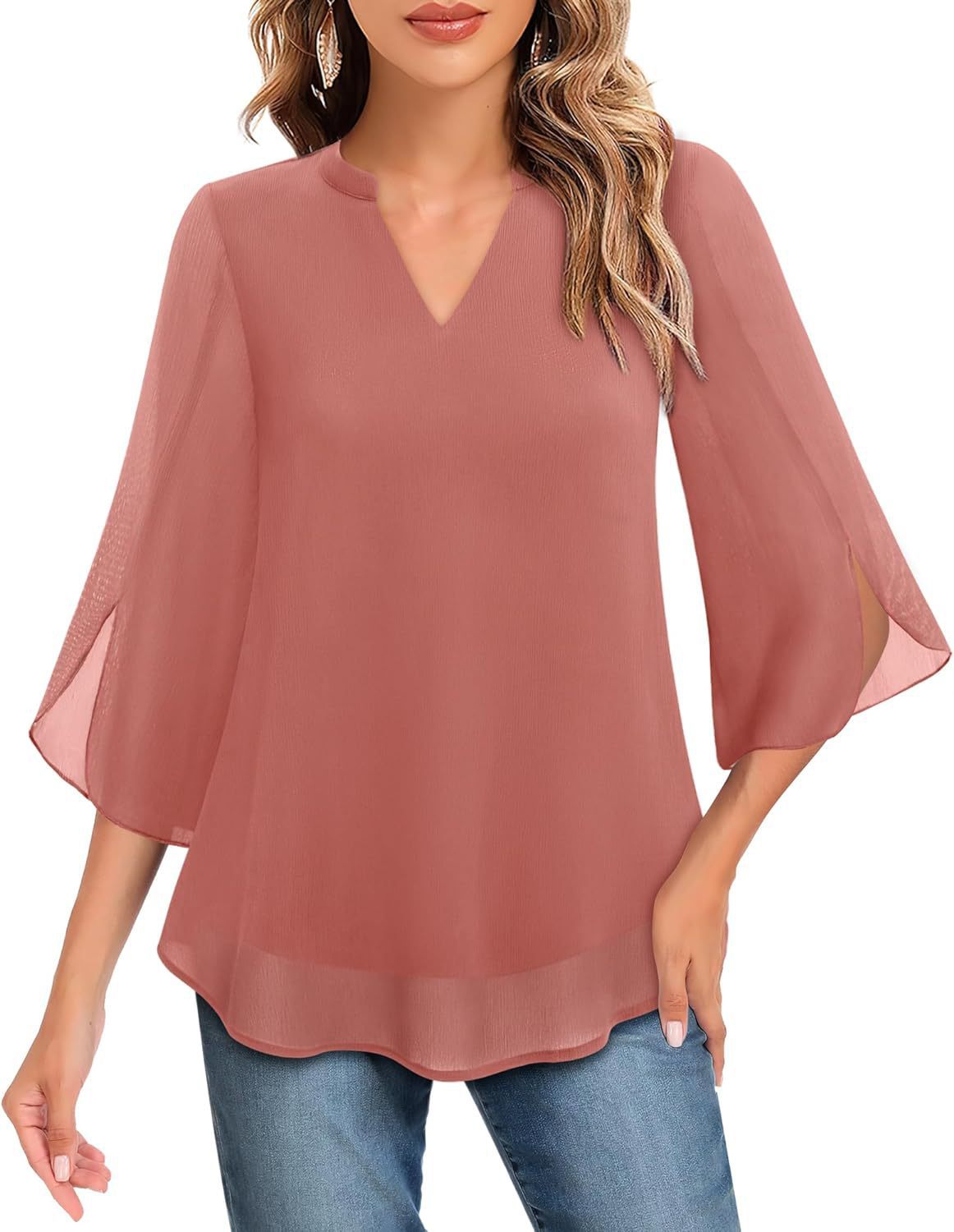 Women's Flowy V-Neck Chiffon Blouse with Petal Sleeves