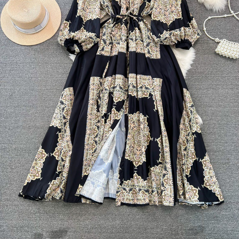 Retro Palace Style Lantern Sleeve Round Neck A-Line Floral Print Button-Down Waist Dress