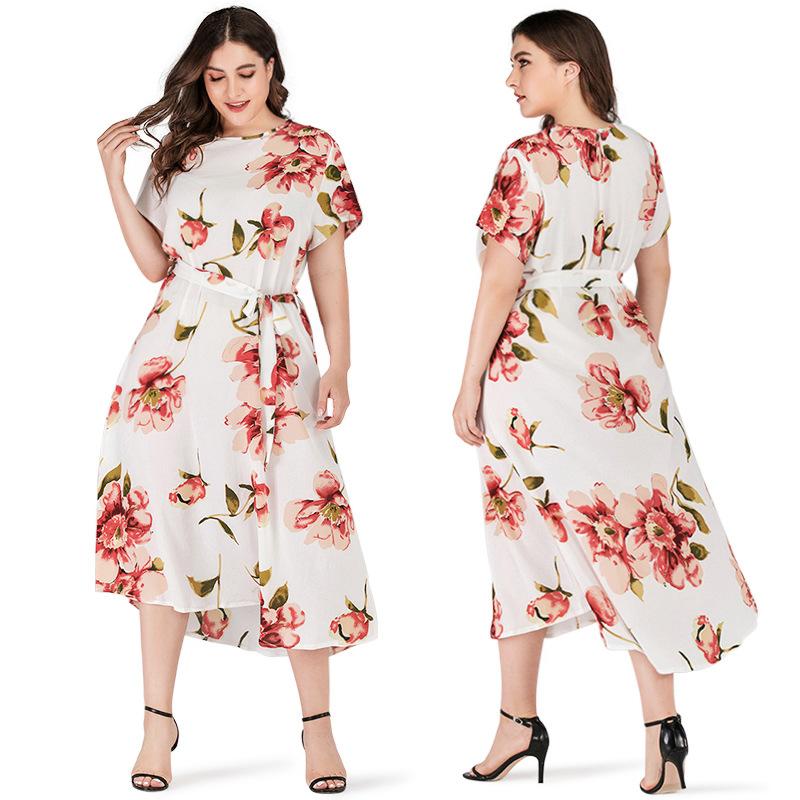 Women Plus Sizes Short Sleeves Foral Print Long Dresses-Plus Size Dresses-White-XL-Free Shipping at meselling99