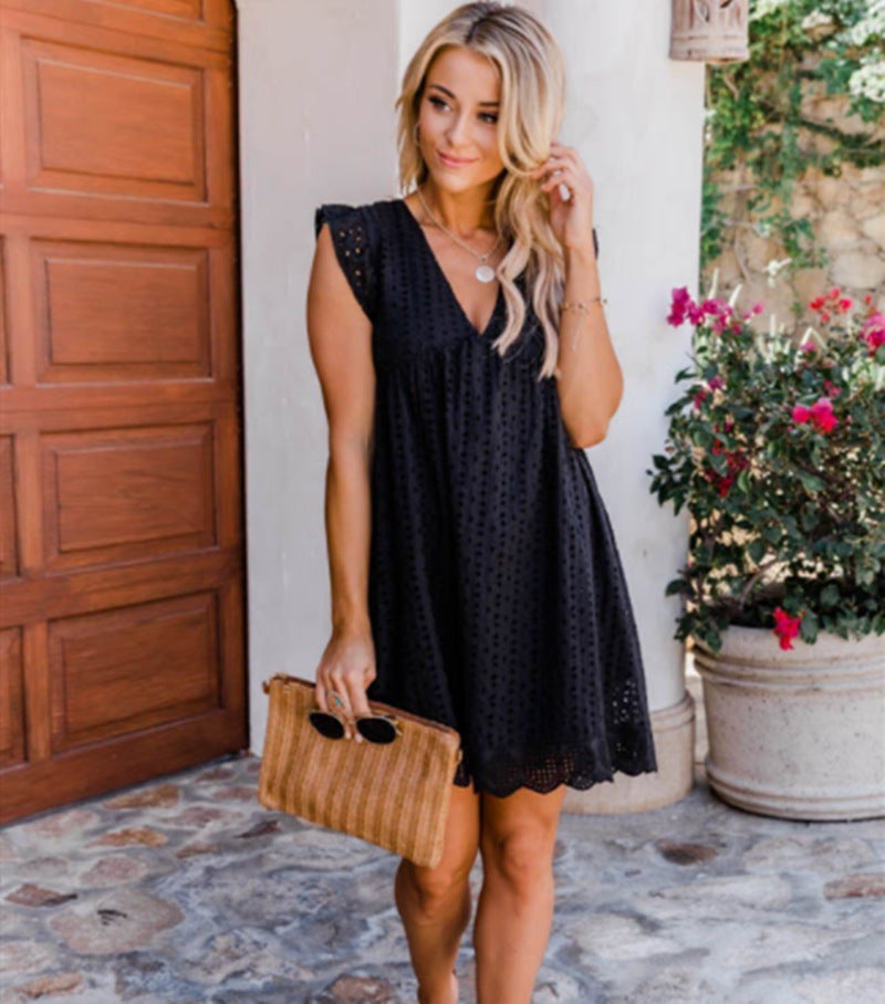 Women's Lace Jacquard Hollow-Out V-Neck Dress with Shorts