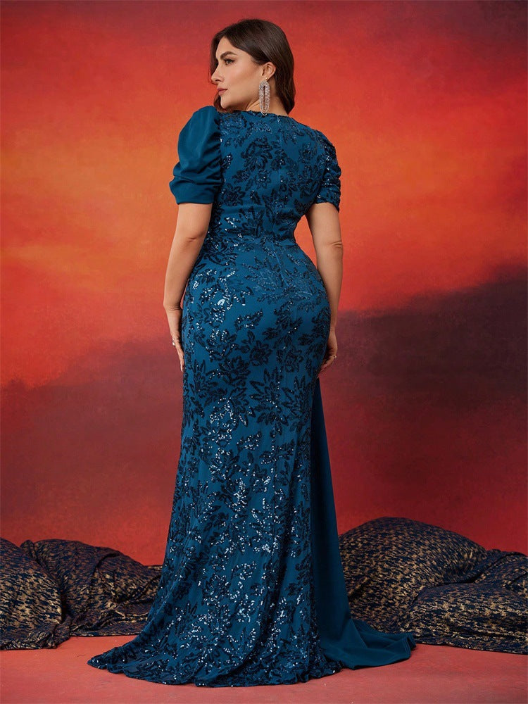 Plus Size Elegant Sequin V-Neck Short Sleeve Cocktail Party Dress for Women