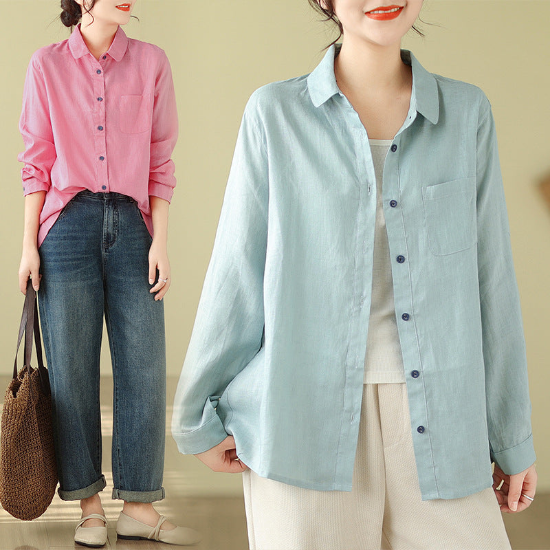 Casual Turnover Collar Linen Long Sleeves Shirts