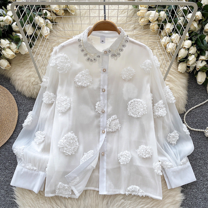 Beaded 3D Floral Mesh Shirt