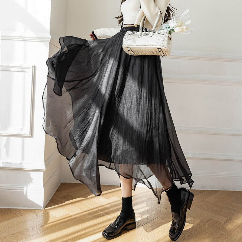 Women's High-Waisted A-Line Mesh Midi Skirt