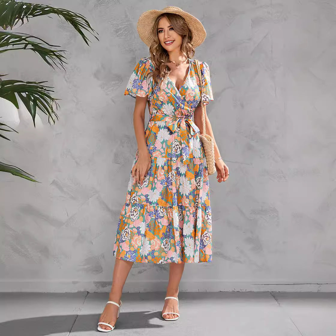 Women's Summer Floral V-Neck Waist-Tie Midi Short Sleeve Dress