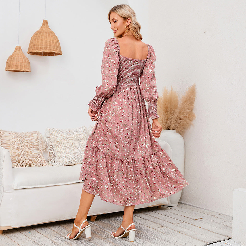 Women's Floral Print Square Neck Chiffon Dress