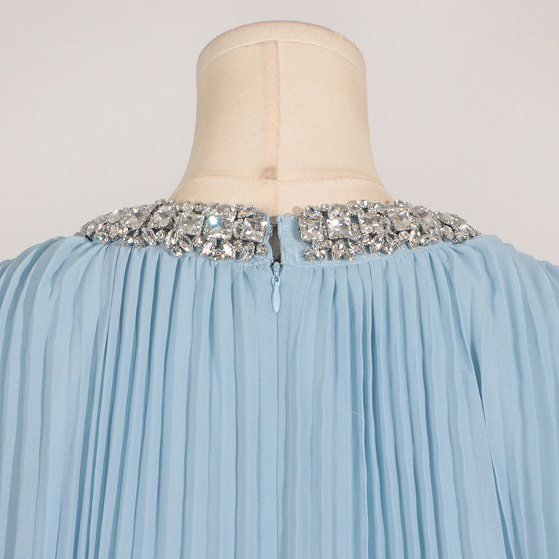 Elegant Round Neck Rhinestone Ostrich Feather Long Sleeve Ruffle Dress