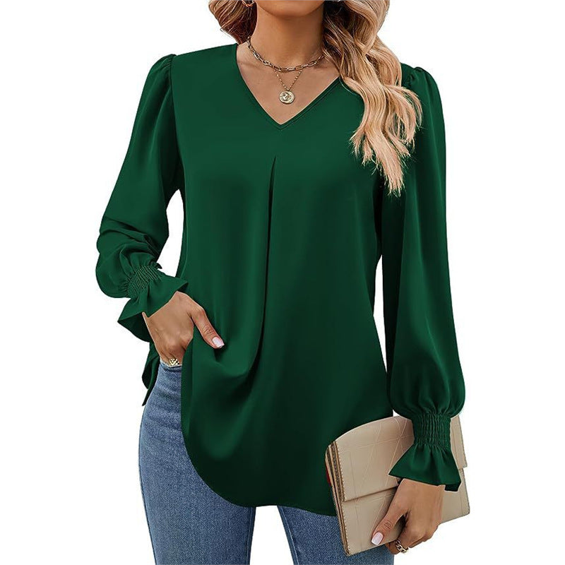 Women's Solid Color Chiffon V-Neck Bell Sleeve Blouse