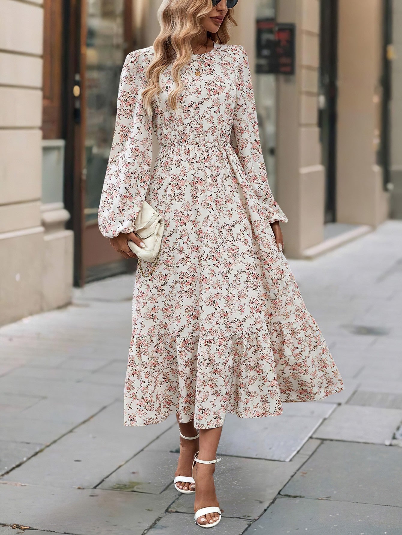 Floral Print Ruffle Hem Long Sleeve Dress
