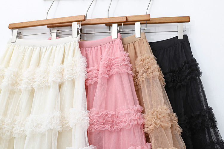 Layered Tulle Skirt - High Waist Ruffled Lace Trim Semi-Formal Skirt