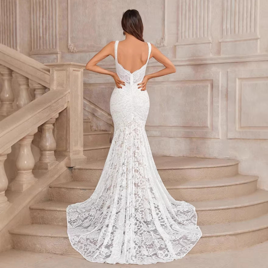 Sexy Deep V Sleeveless Mermaid Lace Wedding Dress