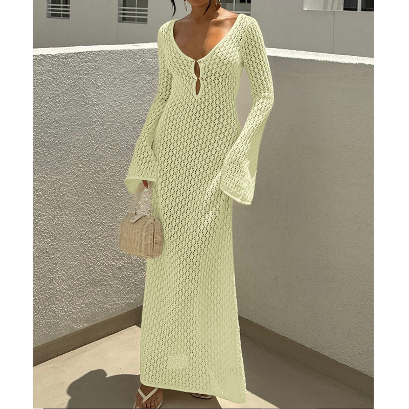 Women's V-Neck Long Sleeve Beach Cover-Up Dress
