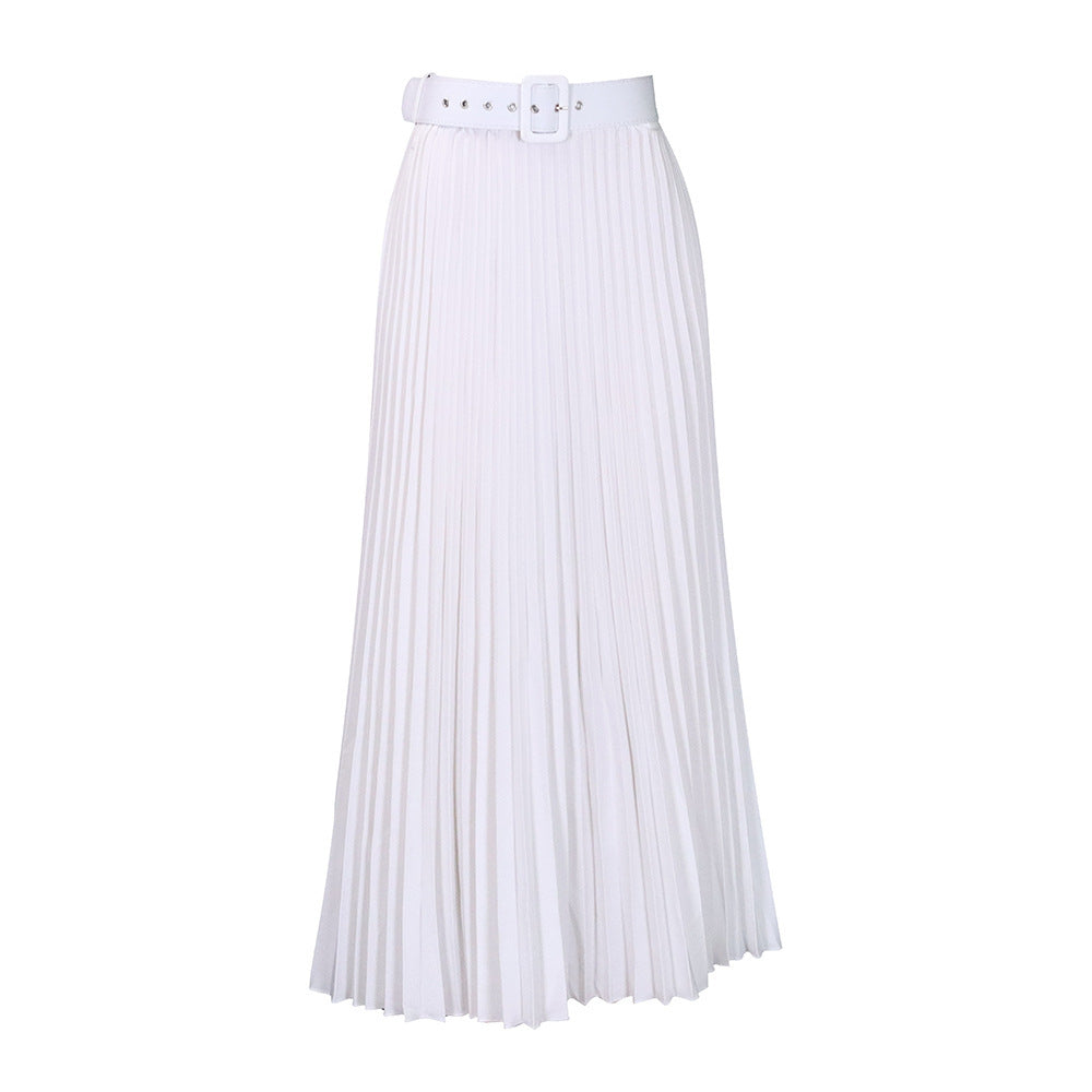 High-Waisted Pleated Midi Skirt with Belt