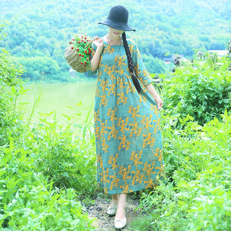 Ethinc Line Summer Half Sleeves Women Long Dresses-Dresses-Yellow Flower（756）-M-Free Shipping at meselling99