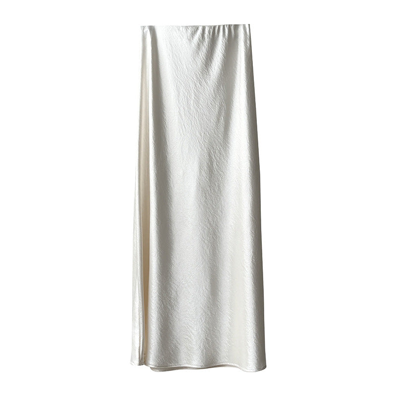 uxury Satin Midi Skirt – High Waist Bodycon Fishtail Skirt with Textured Detail-White-M-Free Shipping Leatheretro
