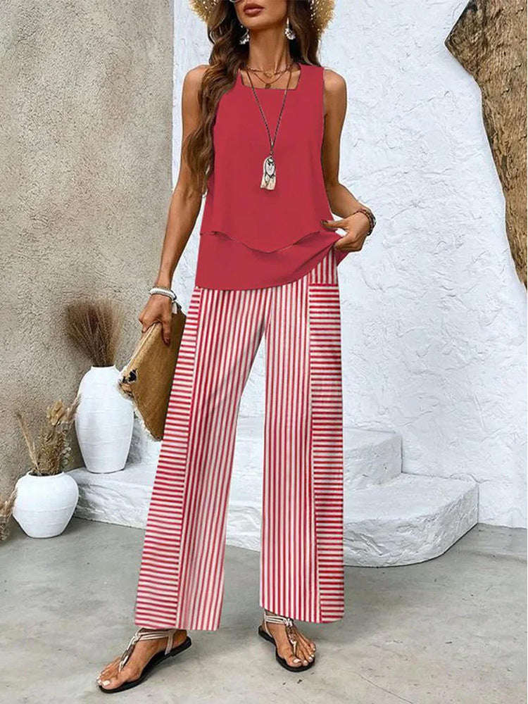 Women's Summer Sleeveless Layered Vest & Pants Set