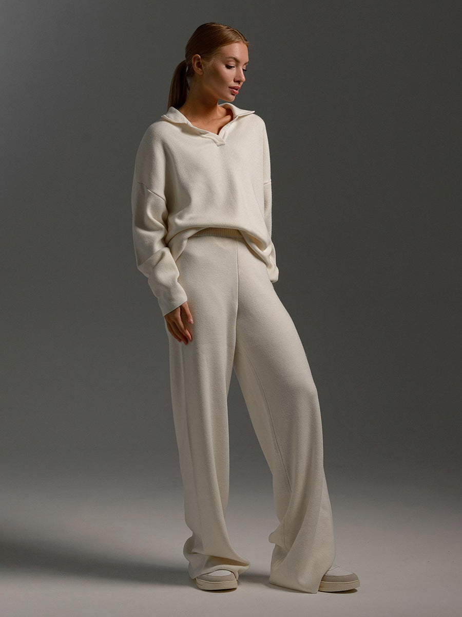 Fashion Winter Polo Neck Knitted Tops & Wide Legs Pants