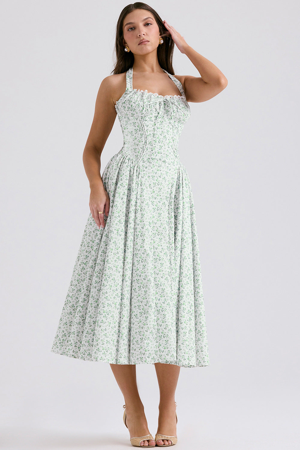 Women's Summer Floral Print Bodycon Halter Neck Maxi Dress