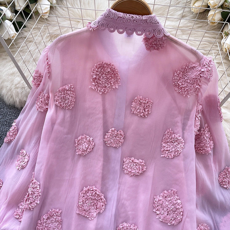 Beaded 3D Floral Mesh Shirt