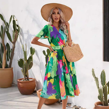Summer Floral Print Crinkle Midi Short Sleeve Dress