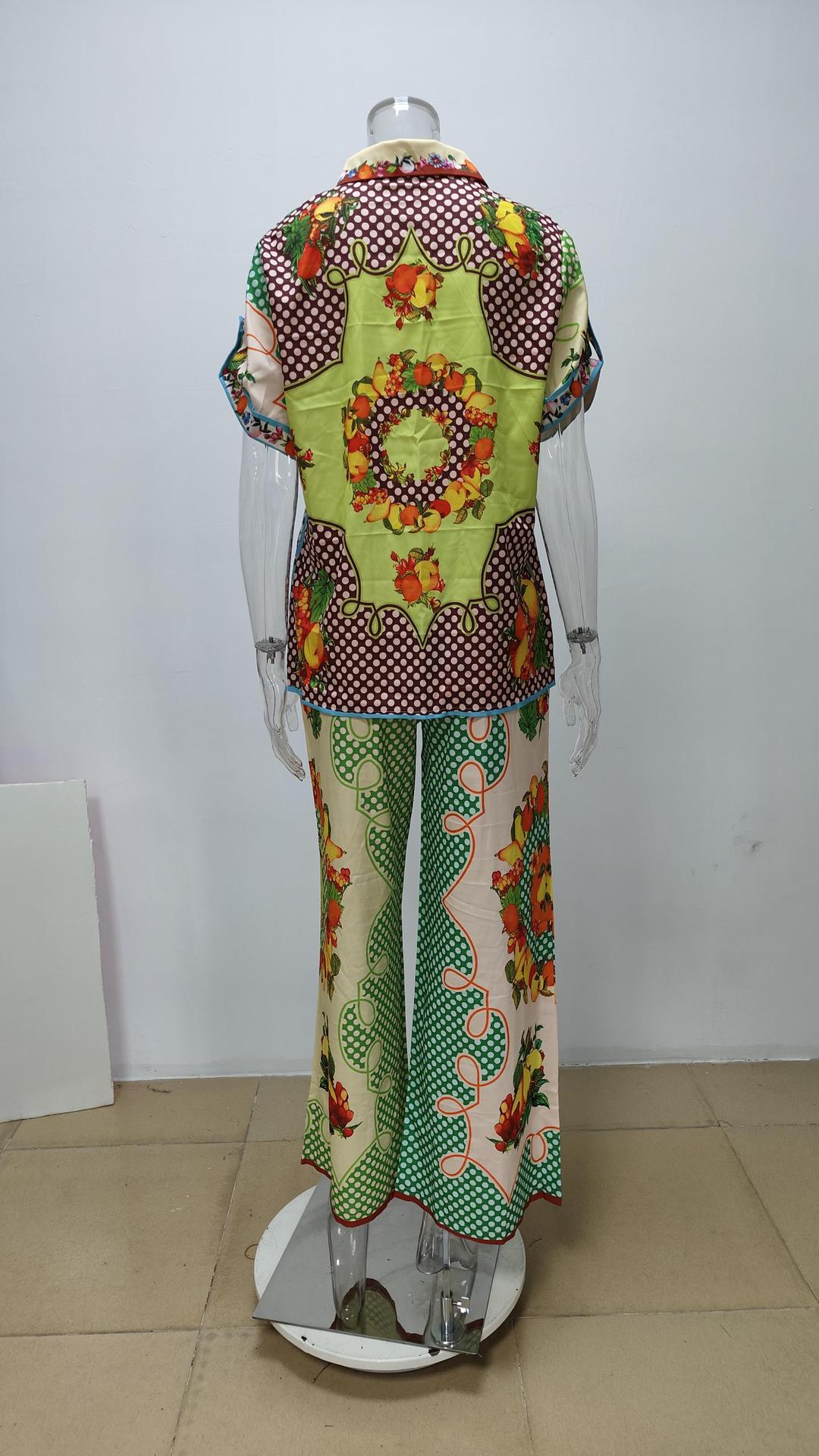 Printed Stand Collar Batwing Sleeve Loose Top with High-Waisted Wide-Leg Pant