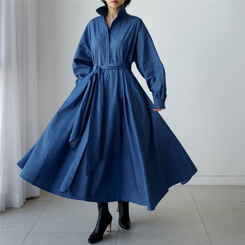 Blue Long Sleeve Loose Denim Shirts Maxi Dresses-Cozy dresses-Free Shipping at meselling99