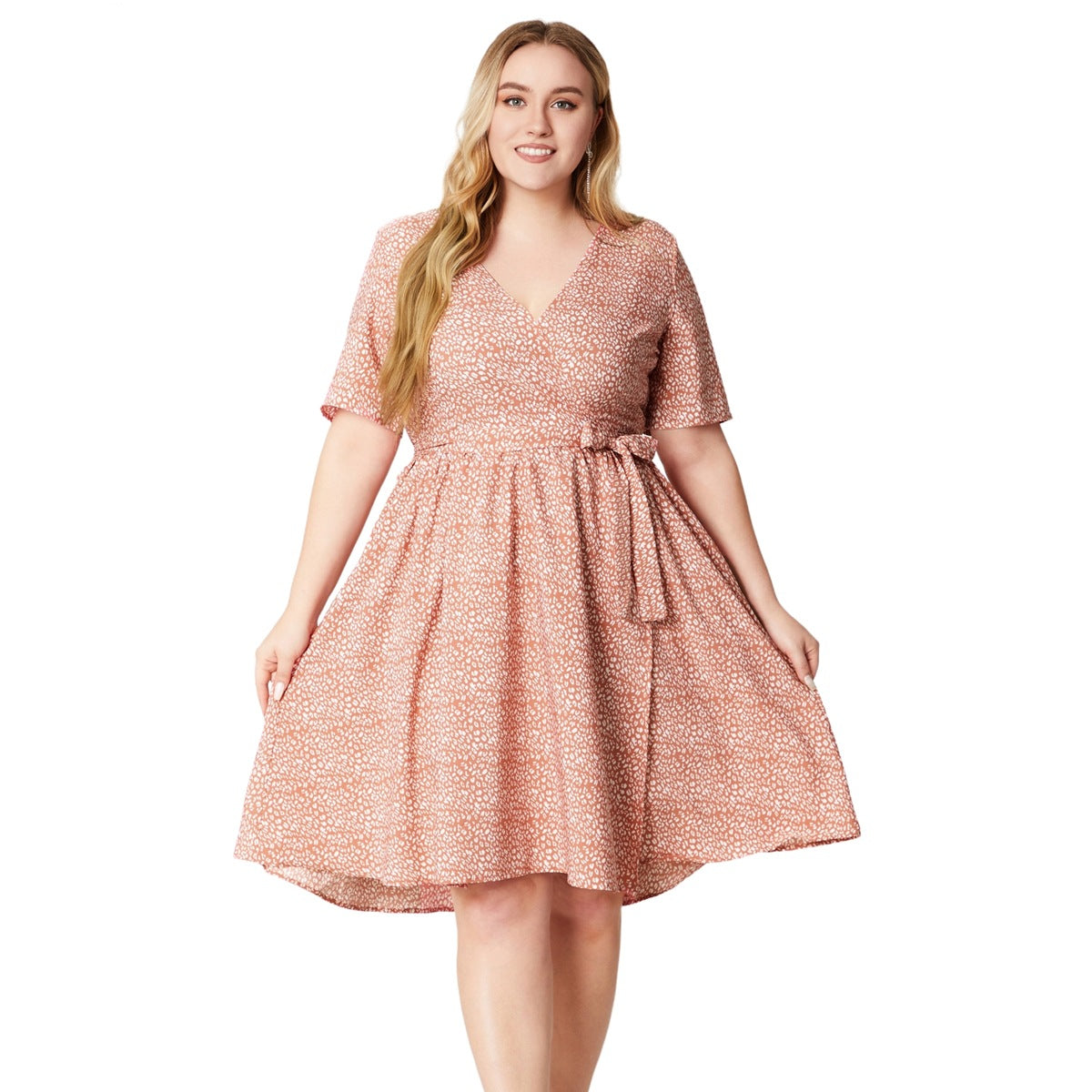 Plus Size V-Neck Short Sleeve Printed Casual Dress