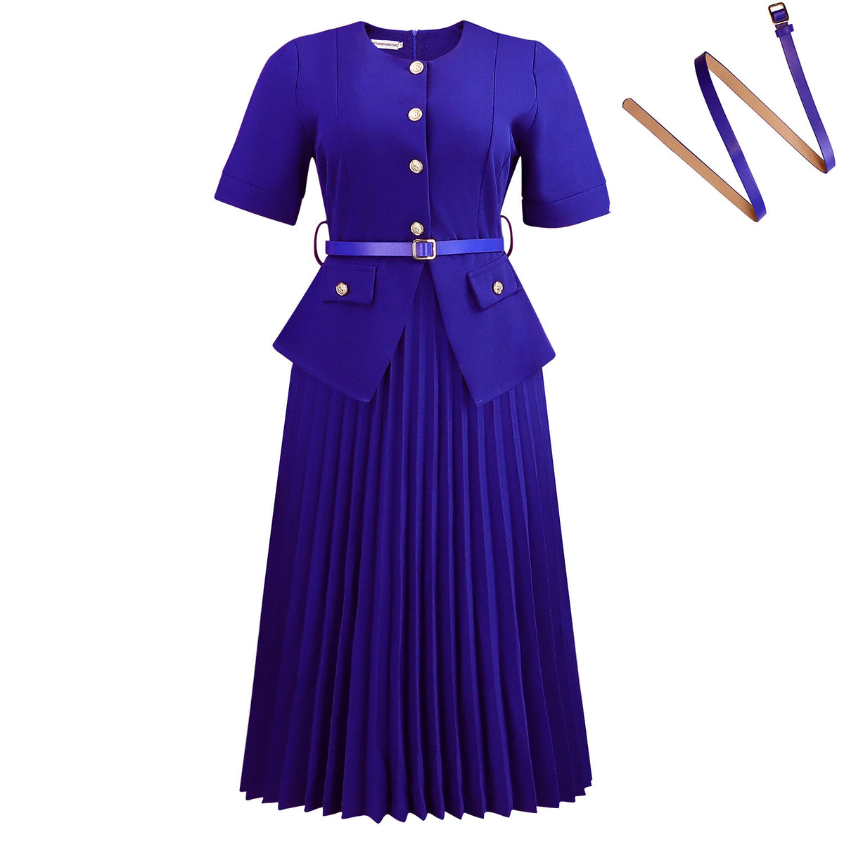 Summer  Round Neck Spliced Pleated Fake Two-Piece Solid Color Plus Size Dress