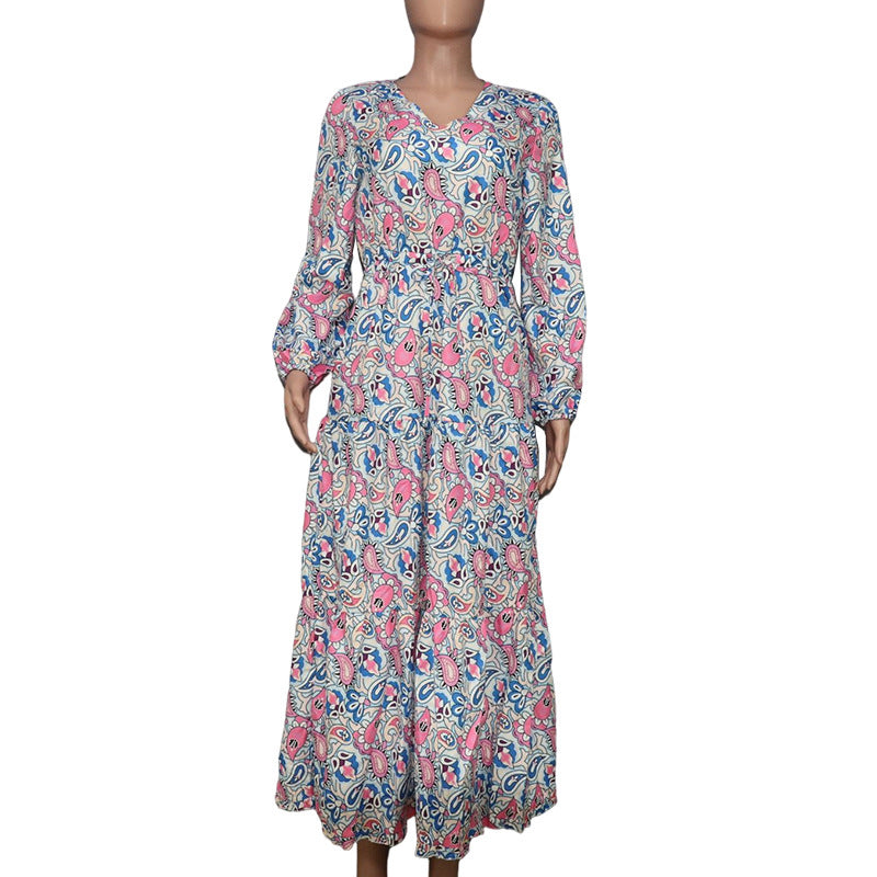 Bohemian V-Neck Long Sleeve Midi Dress – Fall Fashion Dress