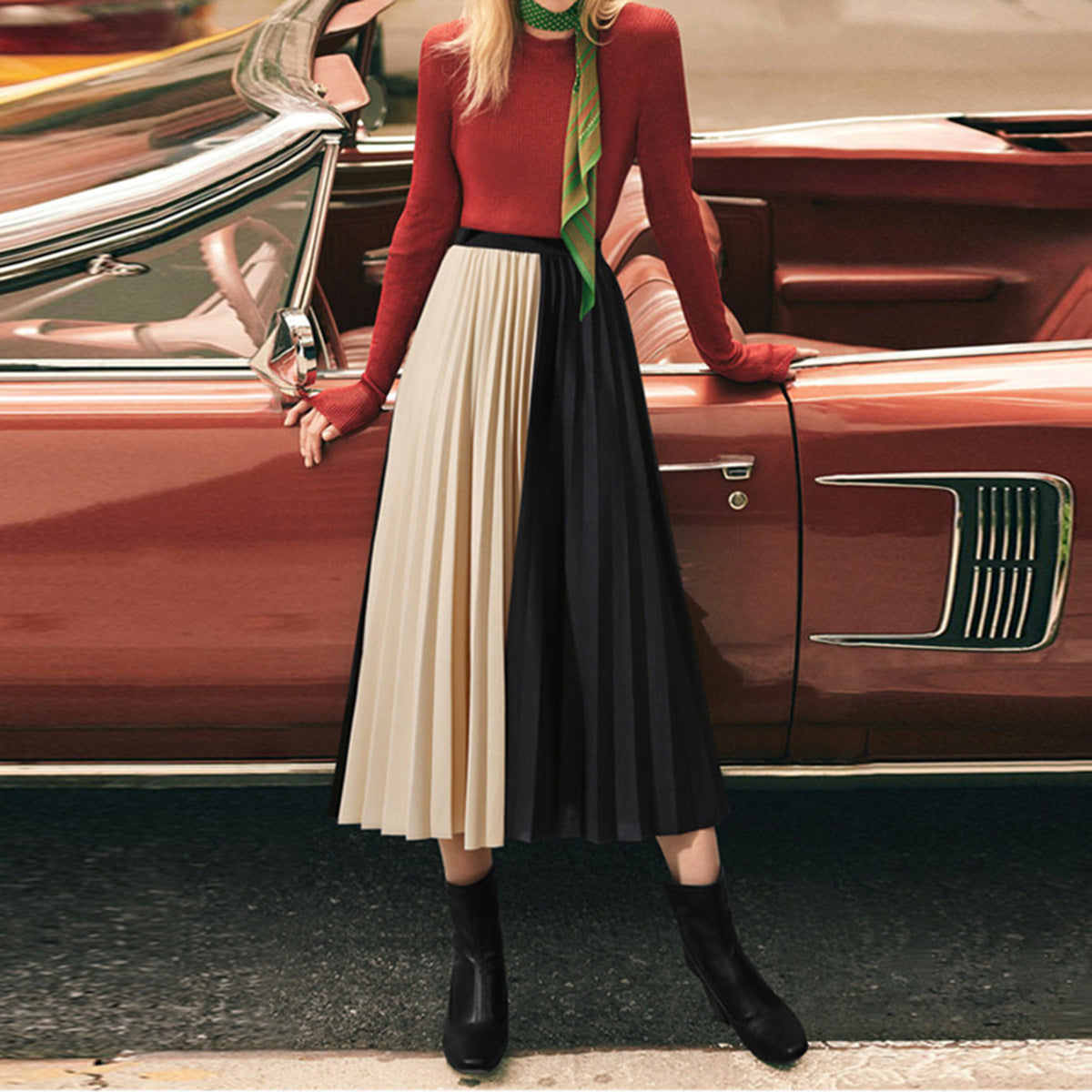 Chiffon Color-Block Pleated Skirt