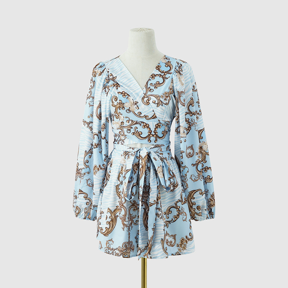 Floral Print V-Neck Long Sleeve Shorts Jumpsuit