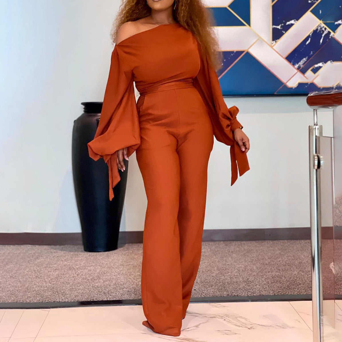 Sexy One Shoulder High Waist Plus Sizes Wide Legs Jumpsuits