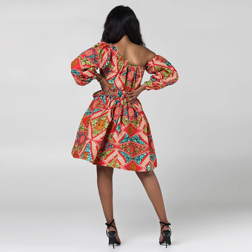 Designed African One Shoulder Long Sleeves Short Dresses