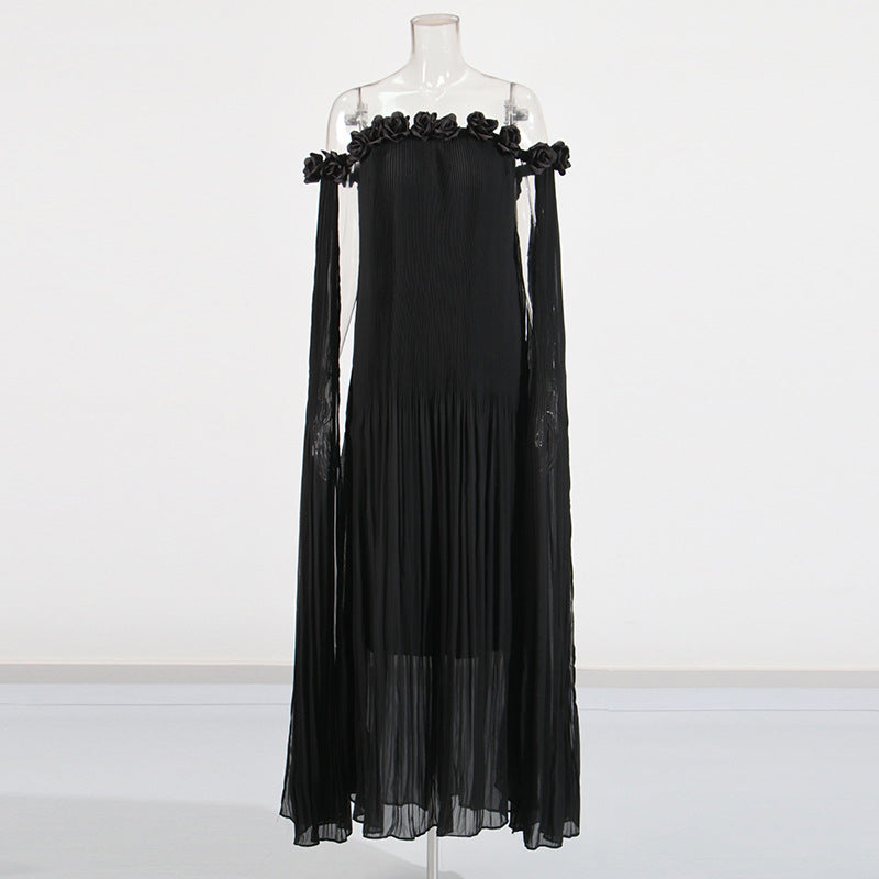 Designed Women's Floral Patchwork Maxi Dress with 3D Flower Shoulder