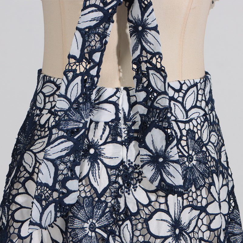 Designed Women's Sexy Vacation Print Dress - Halter Neck, Cutout Waist, Strappy Sundress