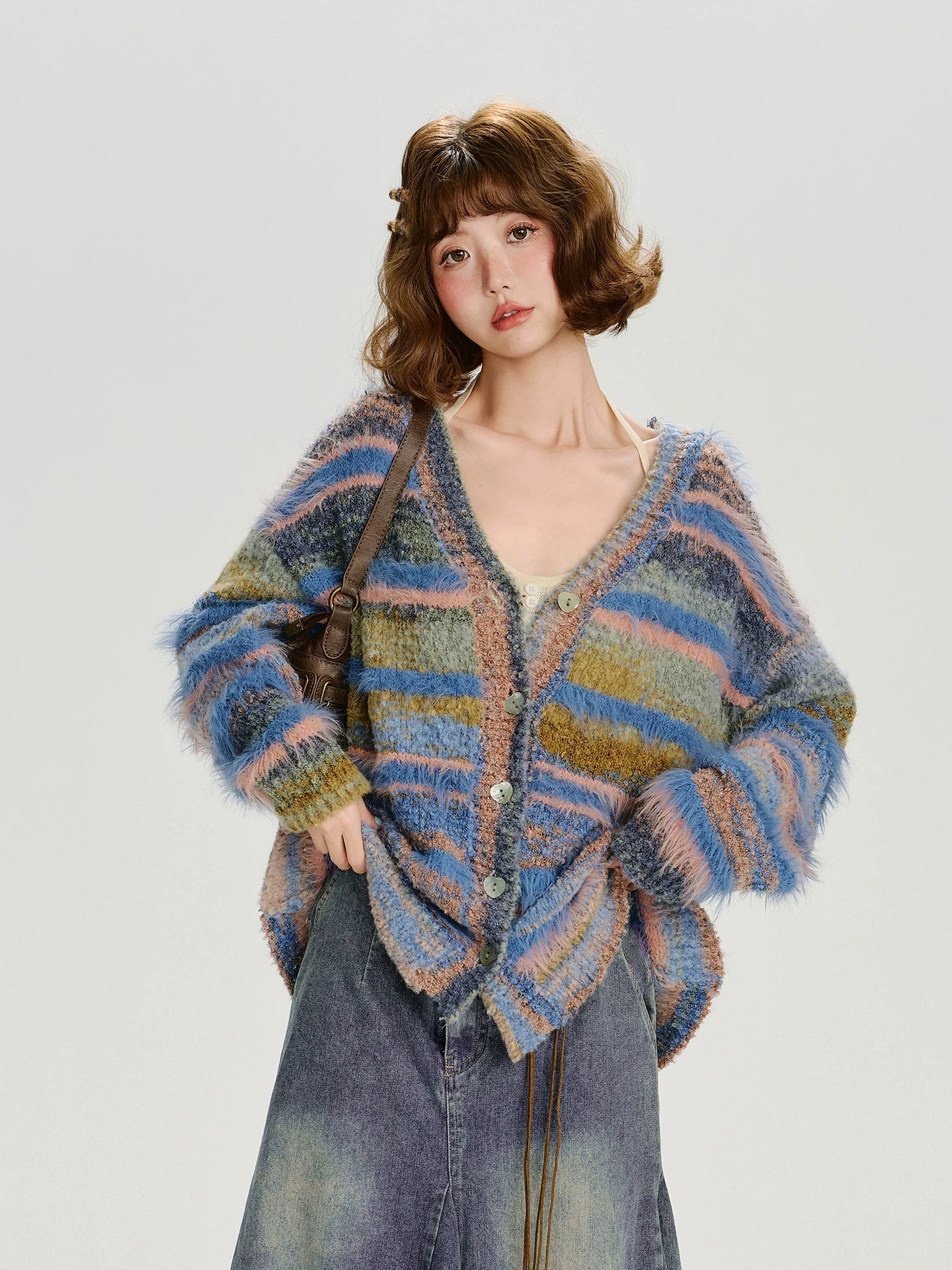 Girlyhalo Vintage Gradient Striped Plush Cardigan