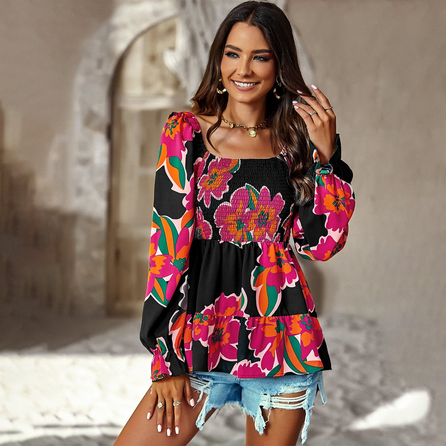 Casual Floral Print Long Sleeves Blouses