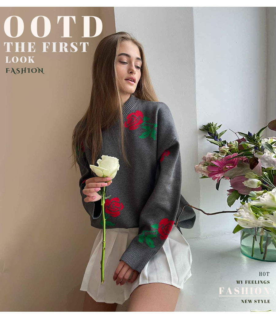 Fashion Rose Flowers Winter Knitted Women Sweaters