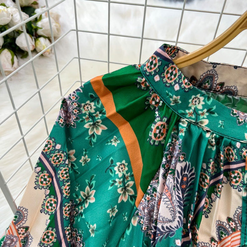 Retro Palace Style Lantern Sleeve Round Neck A-Line Floral Print Button-Down Waist Dress