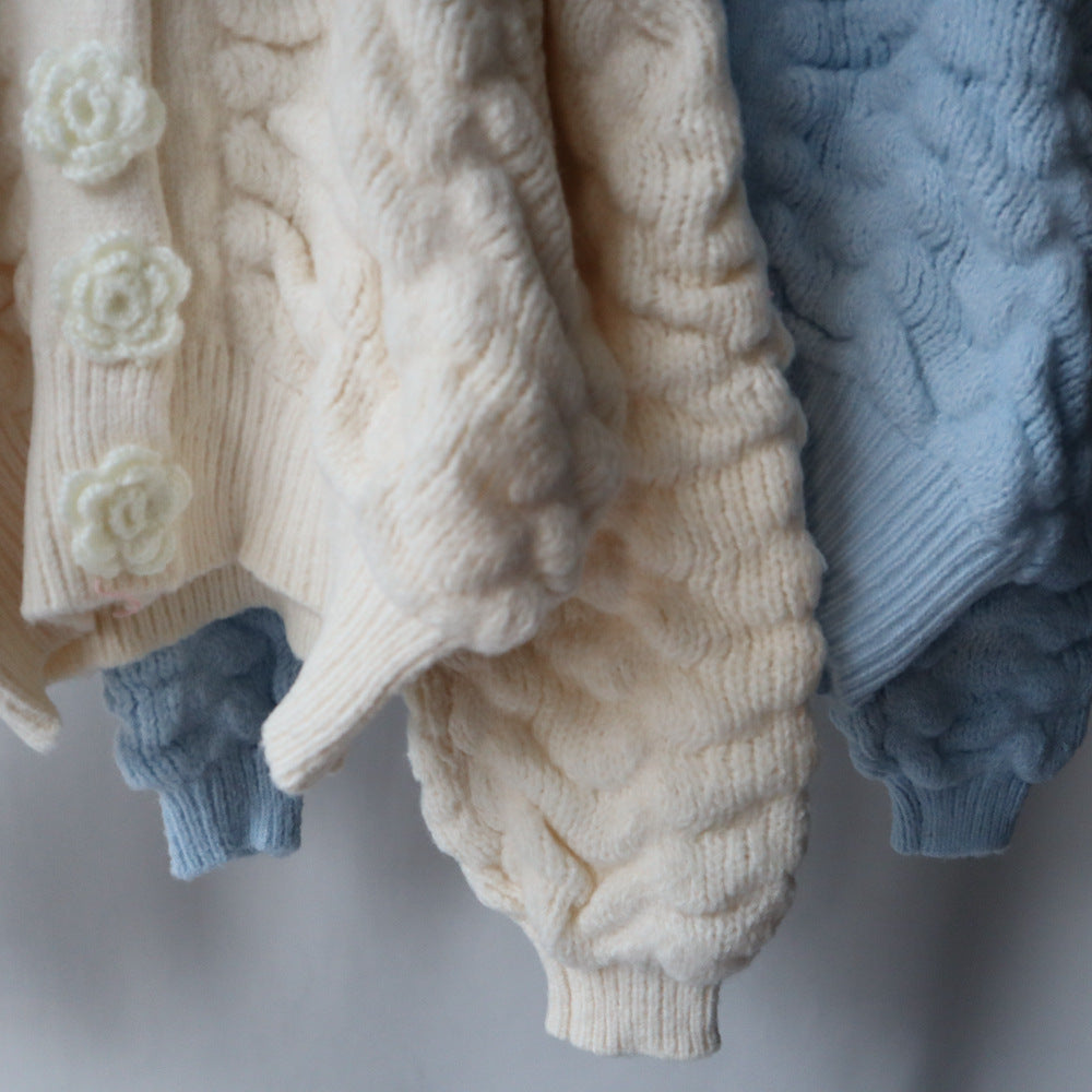 Women's Sweet Short Knit Top – Long Sleeve Floral Embroidered Cardigan Sweater