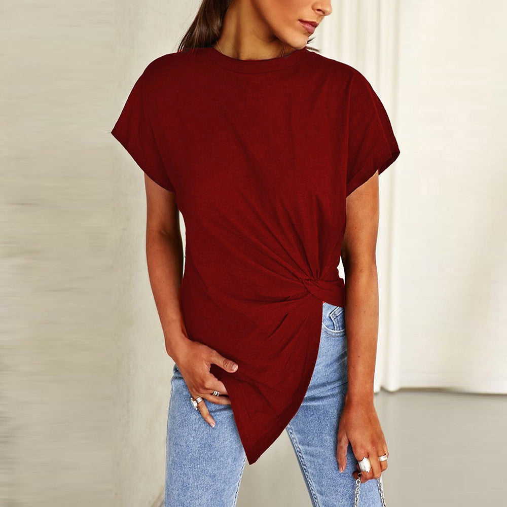 Women's Asymmetric Knot Front Round Neck Short Sleeve T-Shirt