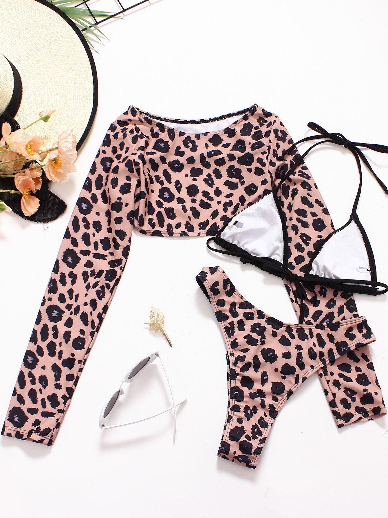Sexy 3PCS Bikini Set – Animal Print Long Sleeve Swimsuit with Triangle Bag