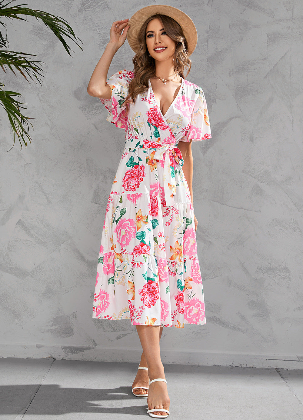 Women's Summer Floral V-Neck Waist-Tie Midi Short Sleeve Dress
