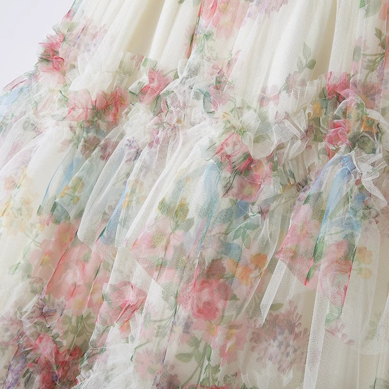 Women's Patchwork Print Mesh Cake Skirt