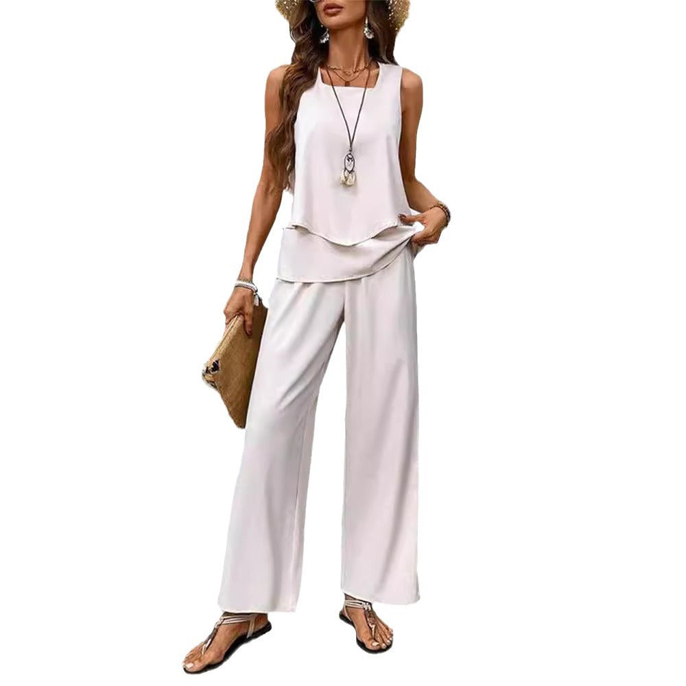 Women's Summer Sleeveless Layered Vest & Pants Set