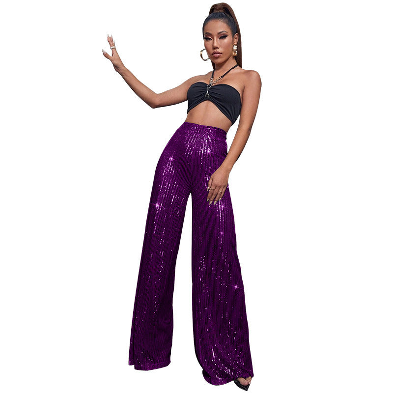 Fashion High Waist Sequin Summer Wide Legs Pants