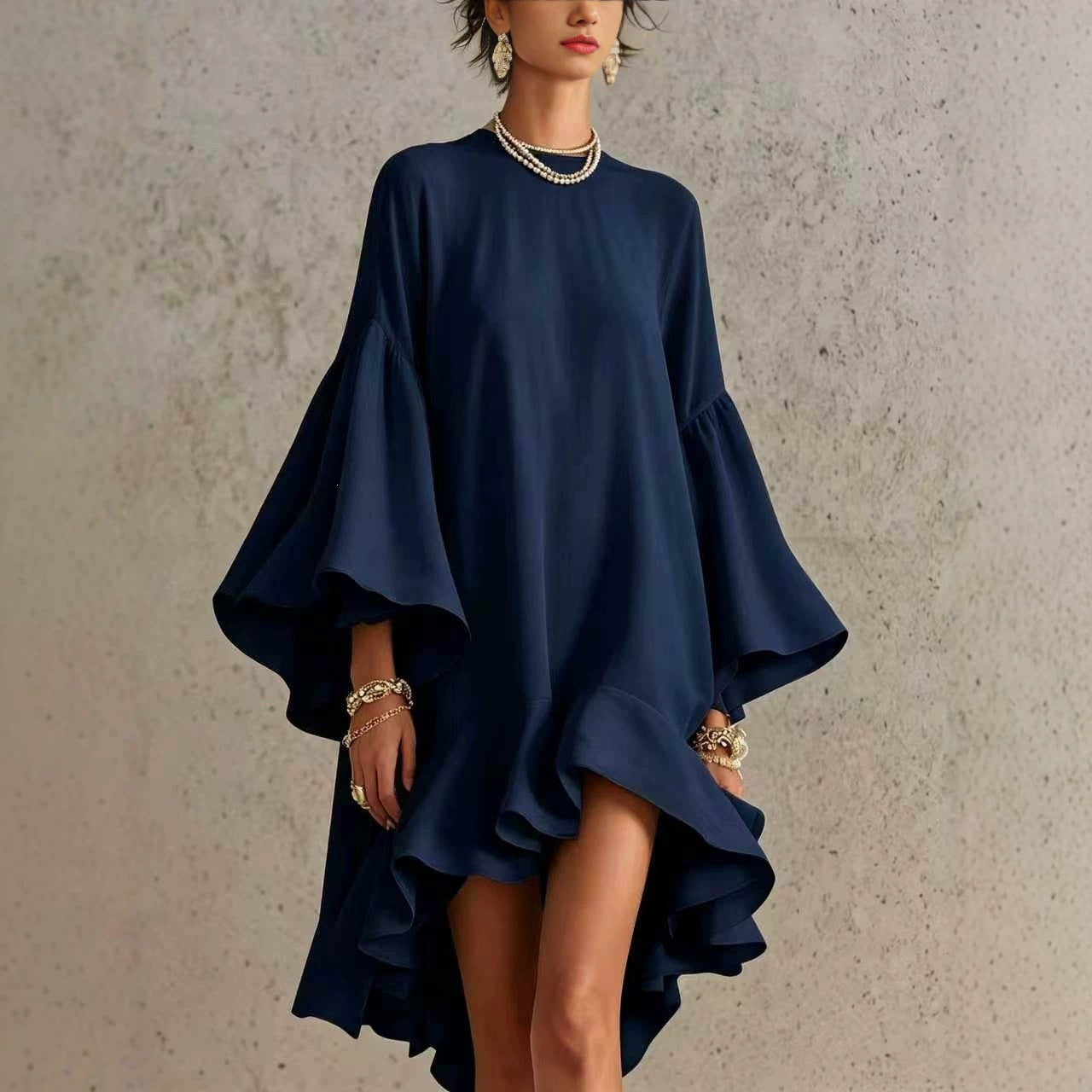 Solid Color Round Neck Flared Bell Sleeve Asymmetrical Hem Oversized Dress